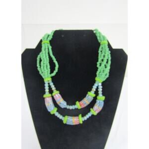 Green Beaded Aztec Double Layer Necklace Boho‎ Cottagecore Hippie Festive 36"